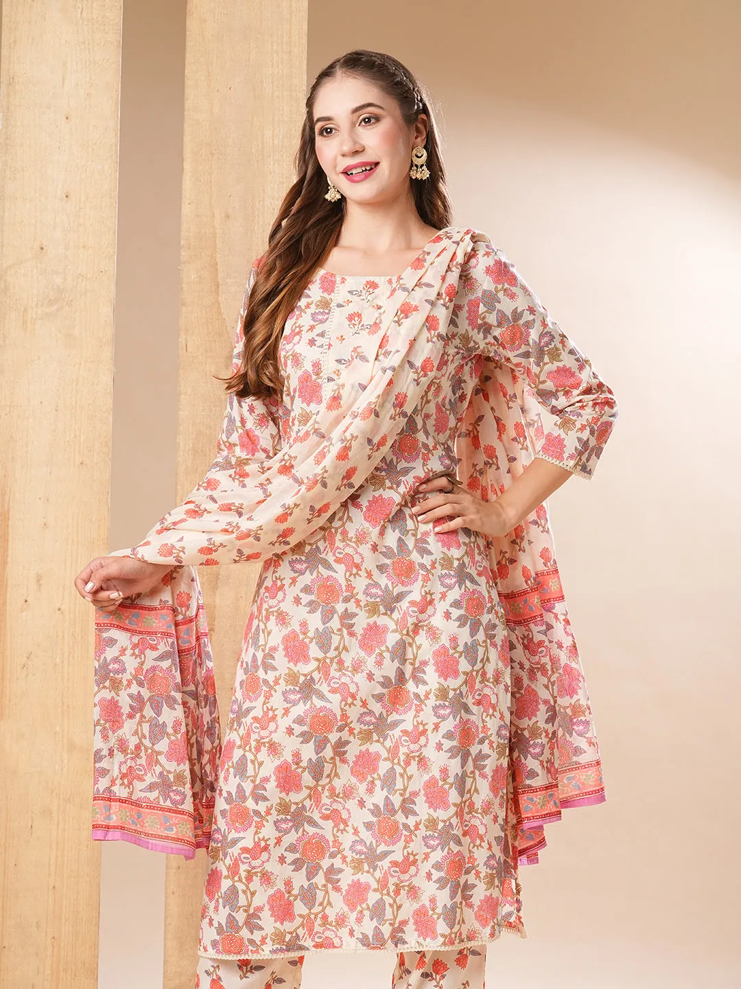 Floral Printed Sequins & Beads Embrodiered Kurta with Pants & Dupatta - Off White