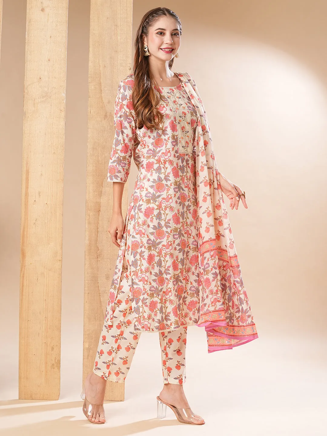 Floral Printed Sequins & Beads Embrodiered Kurta with Pants & Dupatta - Off White
