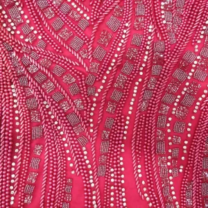 Heavily Dark Red Embroidered on Cherry Tulle