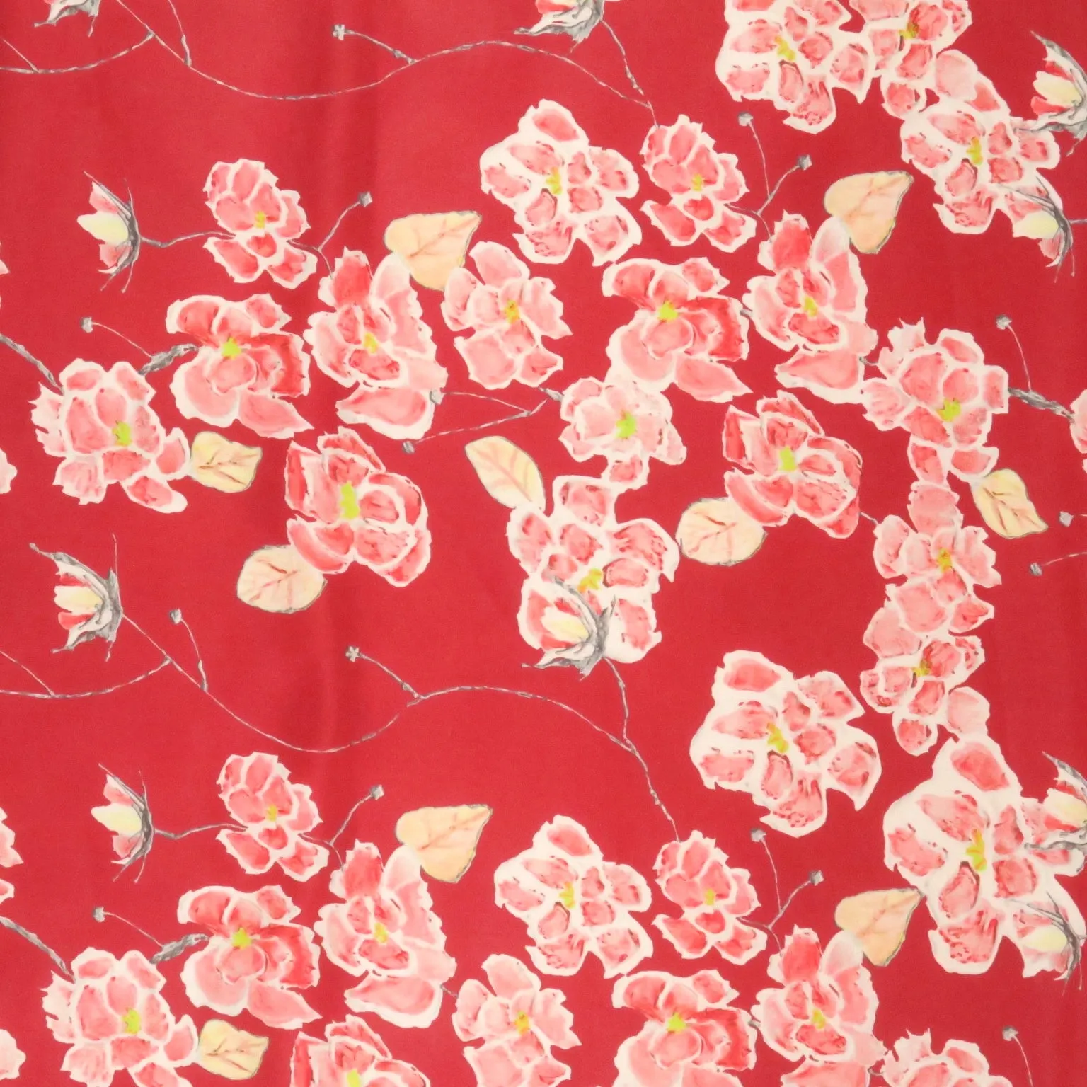 Red and Yellow Floral Printed Silk Gazar Satin Organza Fabric