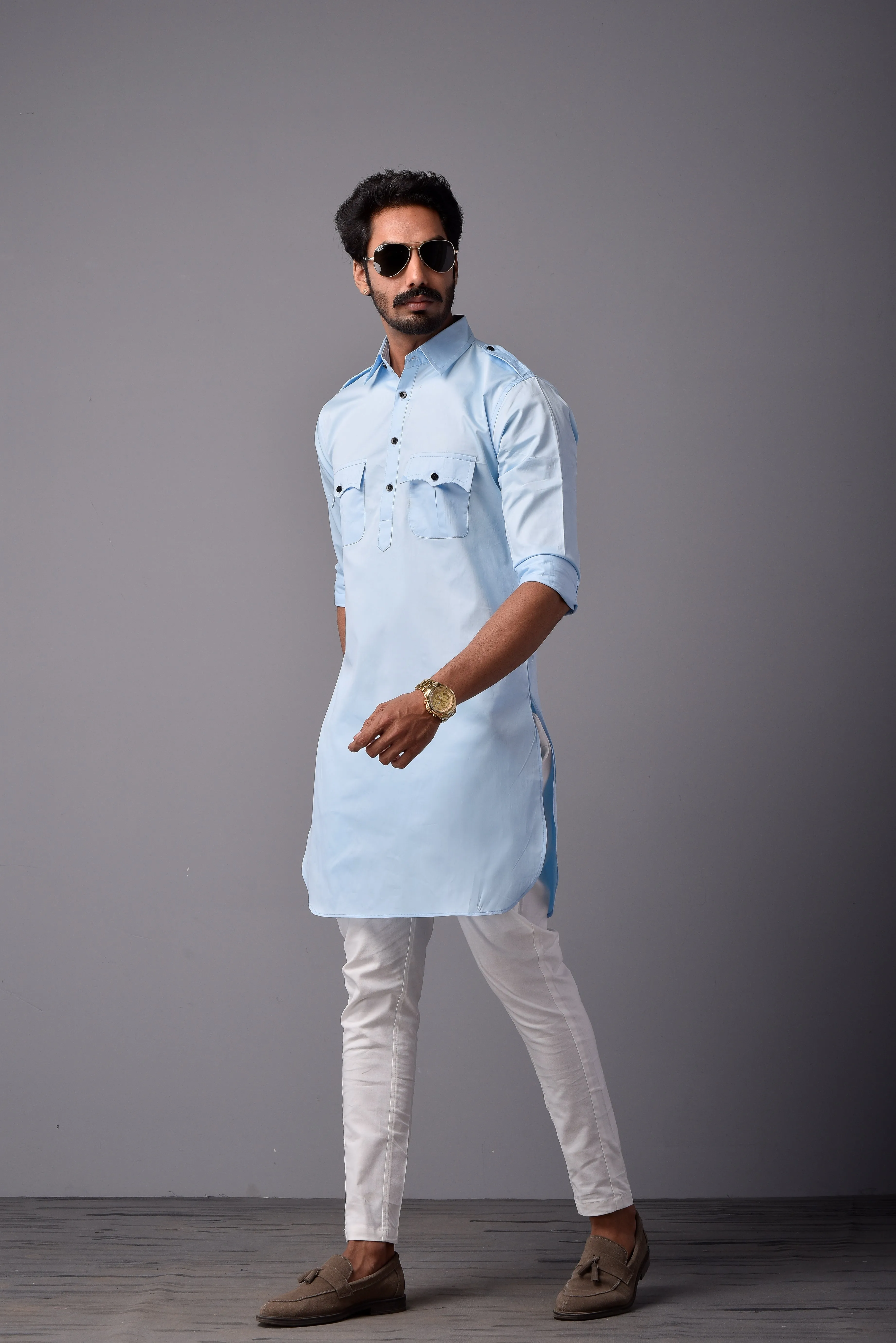 Sky Blue Short Hunting Style Kurta-Pajama set