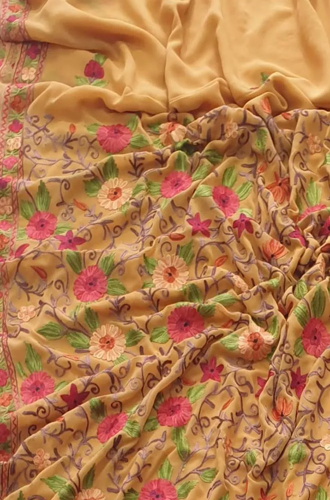Yellow Embroidered Kashmiri Aari Work Georgette Floral Design Saree